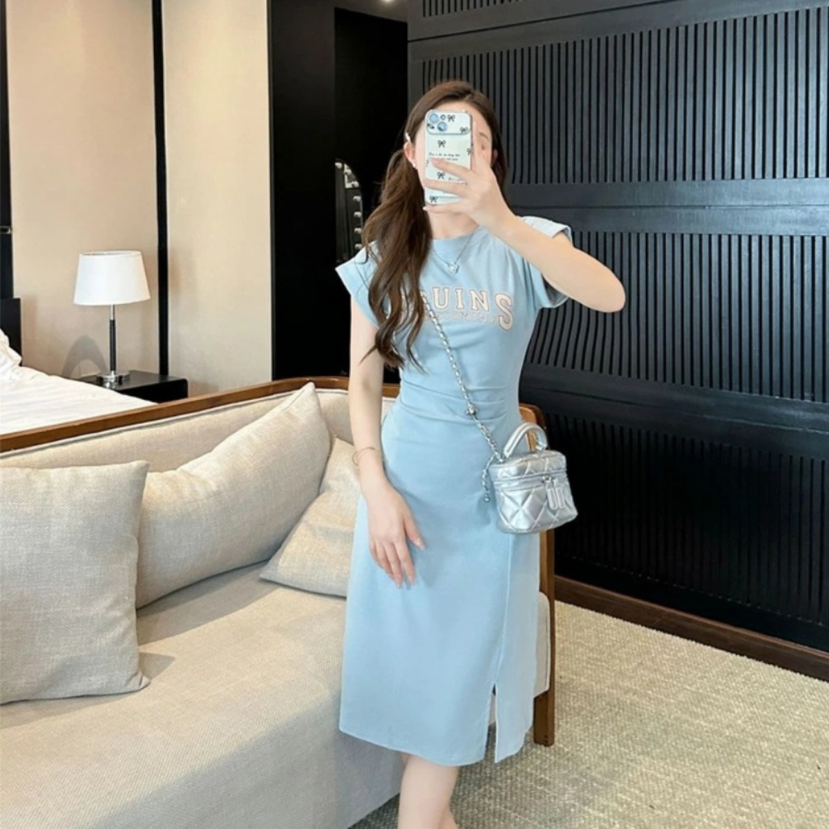 親子ペアルック 爽やかブルー カレッジロゴ風 Tシャツ・ワンピース・ロンパース