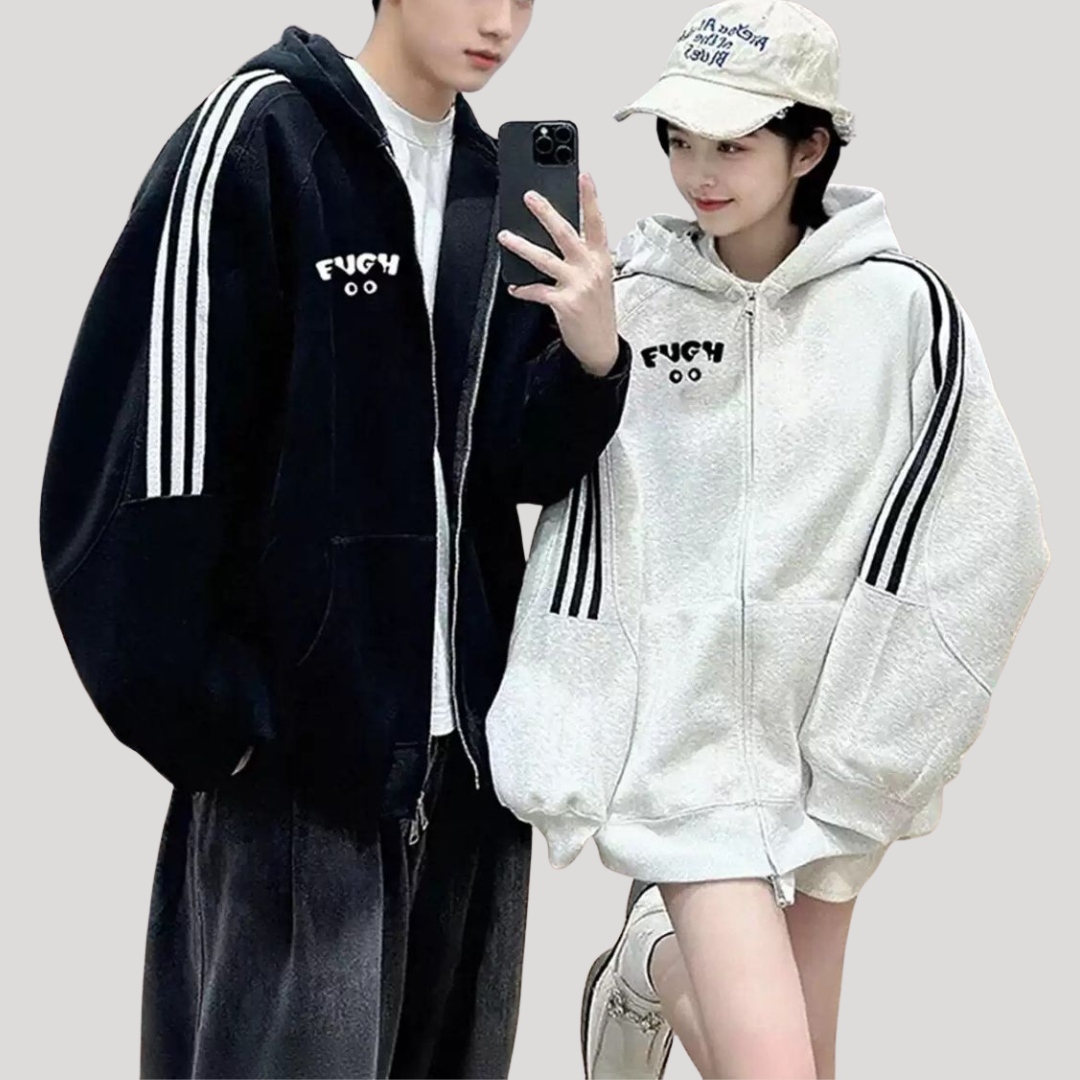 カップルペアルック ラインキャット ジップアップパーカー【2点セット】