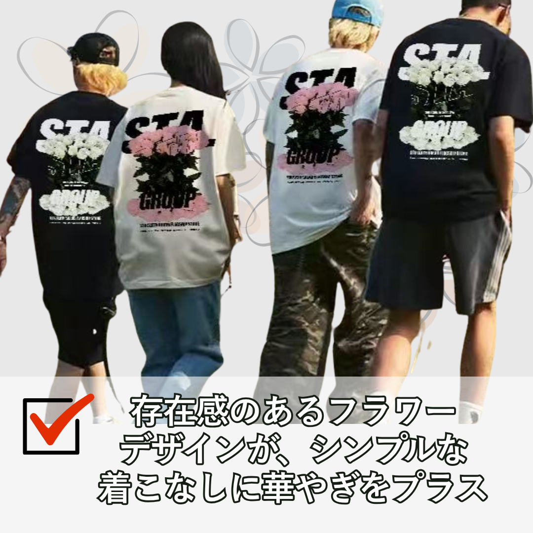 カップルペアルック 【STA】花柄プリント ヘビーウェイトコットンTシャツ