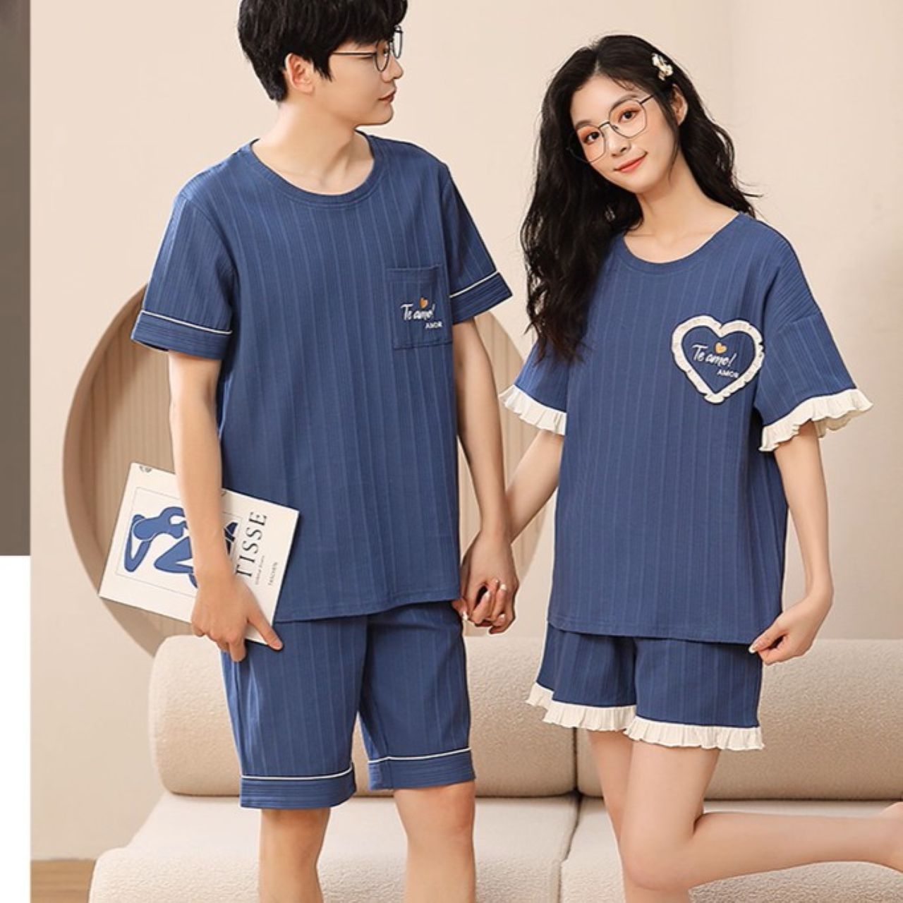 ペアルック シンプルコットンパジャマ（半袖×ショートパンツ、ゆったりサイズ）