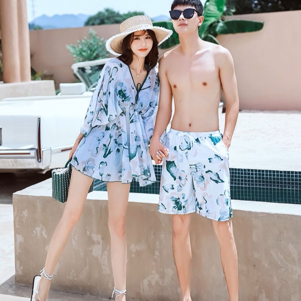 ペアルック 夏 パープル カップル水着（レディースワンピ＋メンズショーツ）