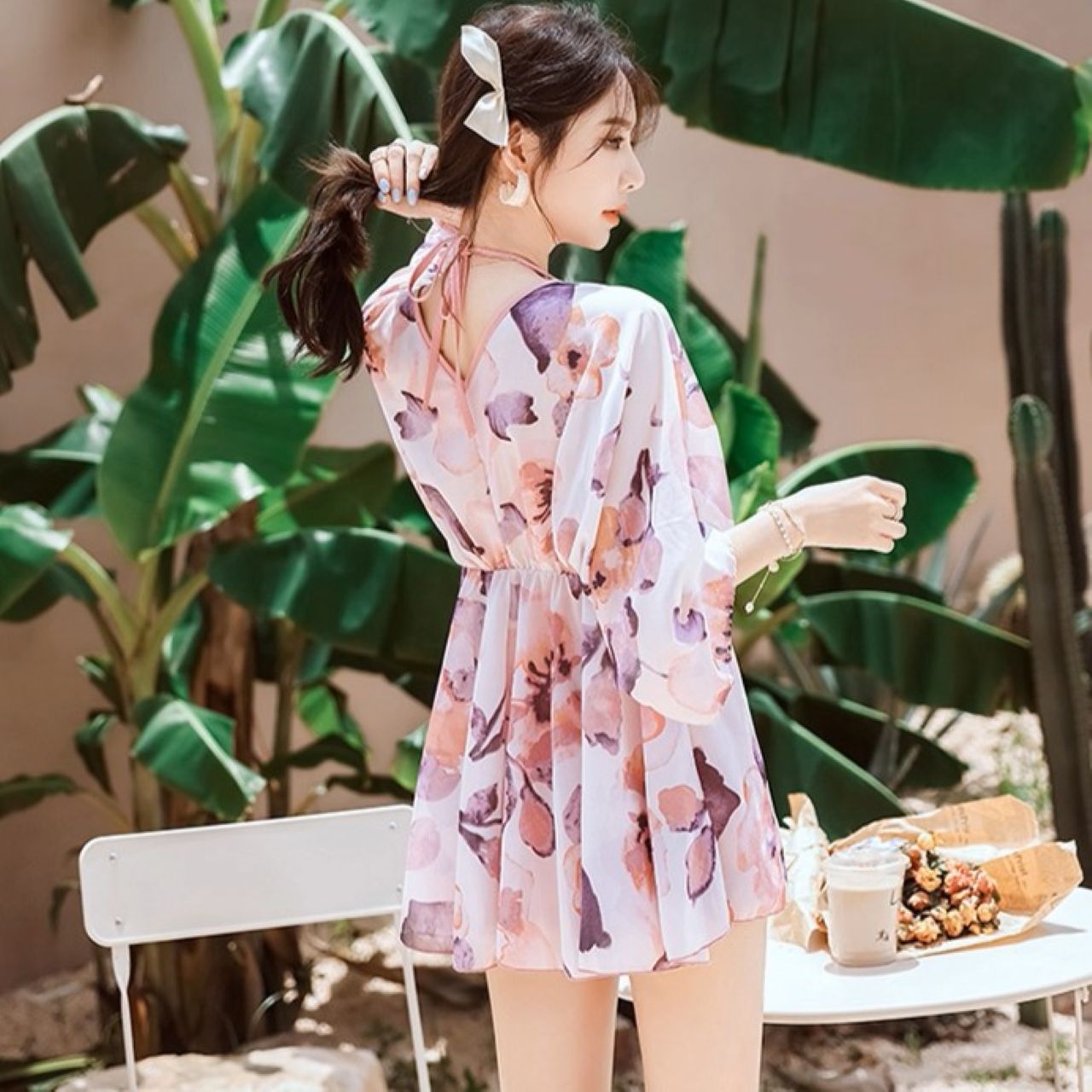 ペアルック 夏 パープル カップル水着（レディースワンピ＋メンズショーツ）