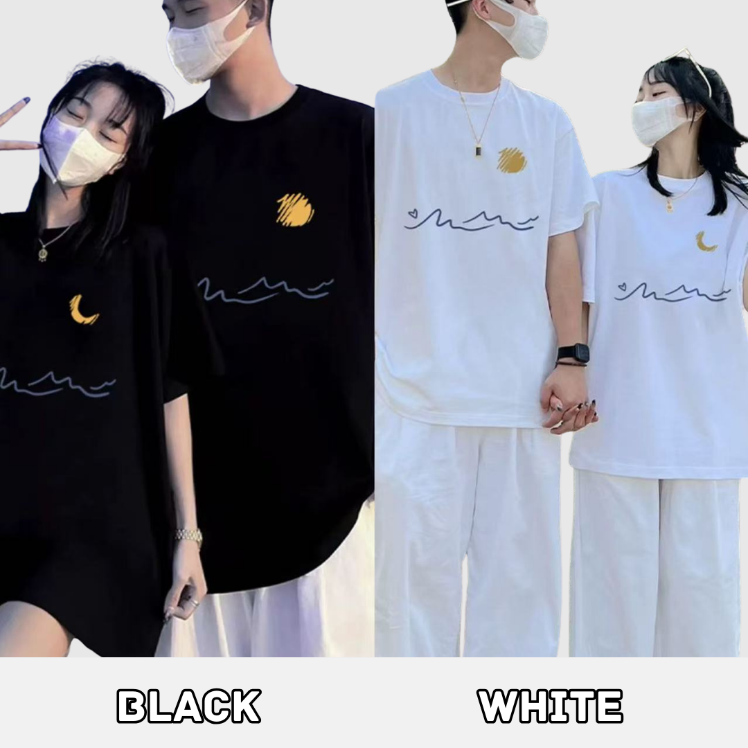 【2点セット】カップルペアルック 月夜の波を描くロマンティックTシャツ