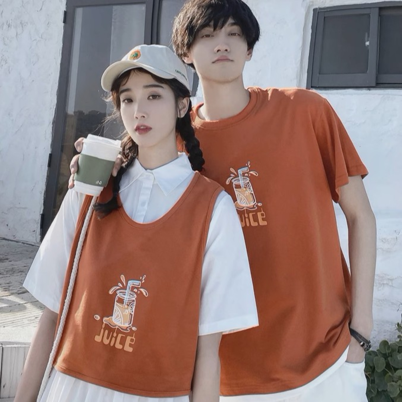 ペアルック ロゴ入り半袖Tシャツ ハーフパンツ ベスト付ワンピース