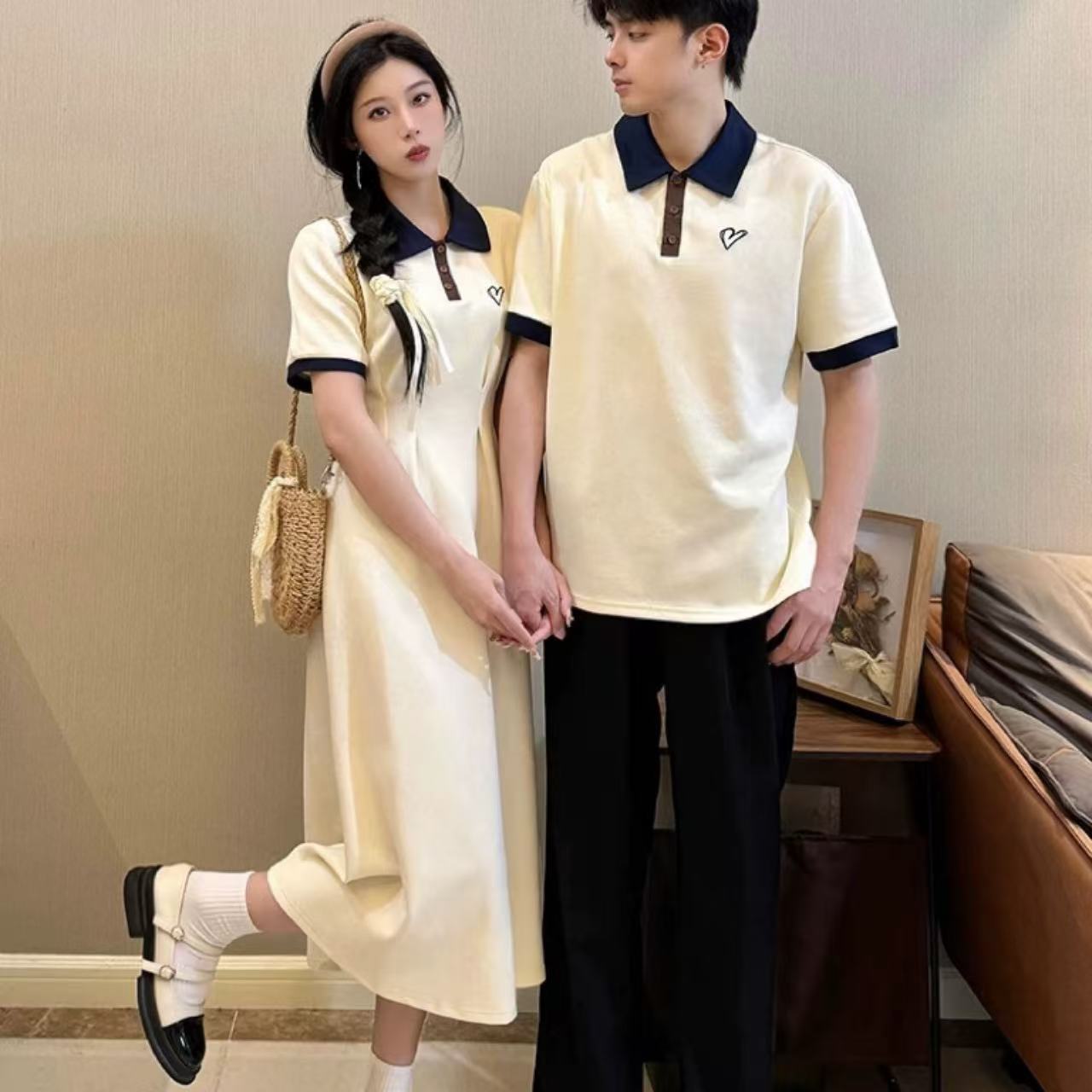 親子ペアルック ハートリンク 胸元ロゴが可愛いポロ&ワンピース
