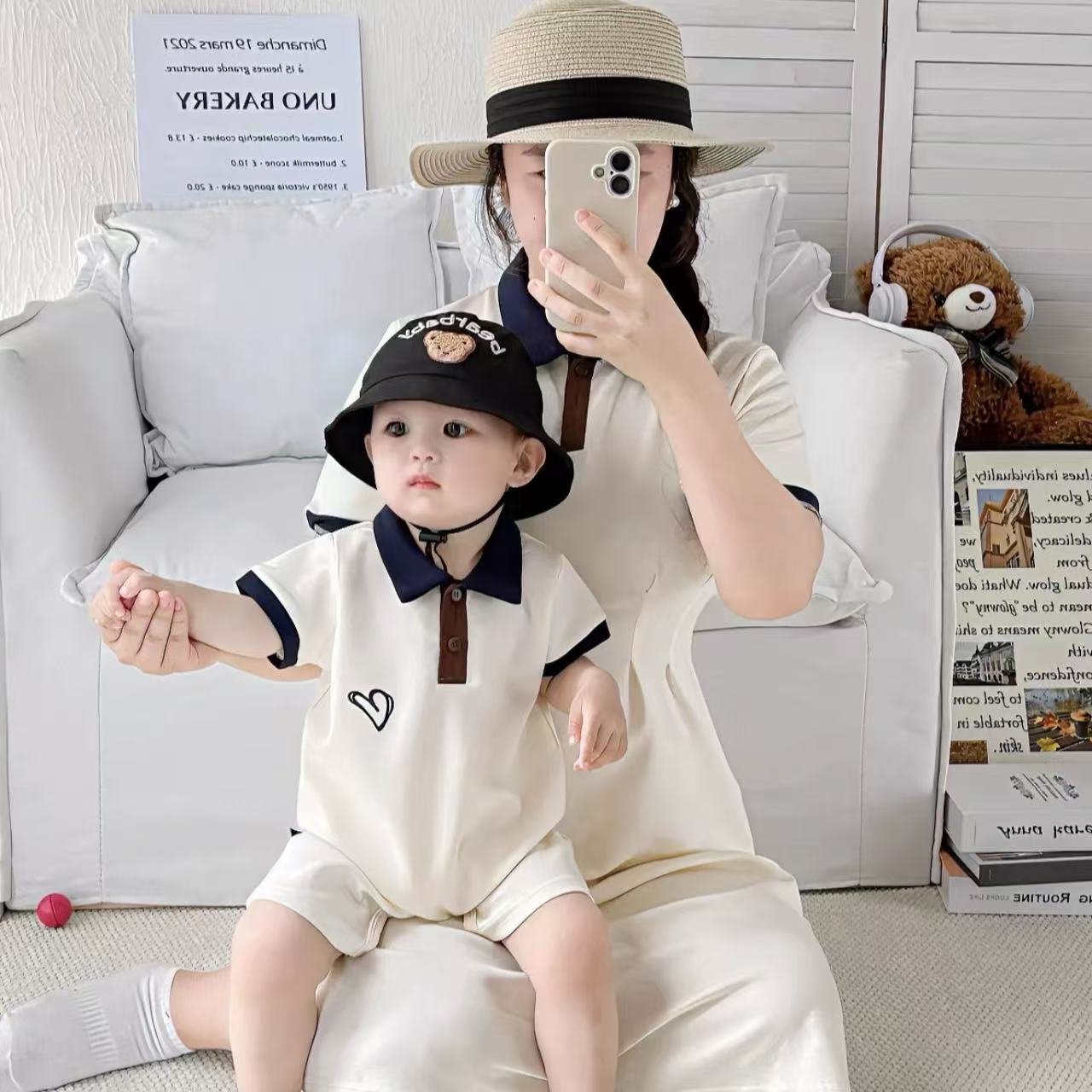親子ペアルック ハートリンク 胸元ロゴが可愛いポロ&ワンピース