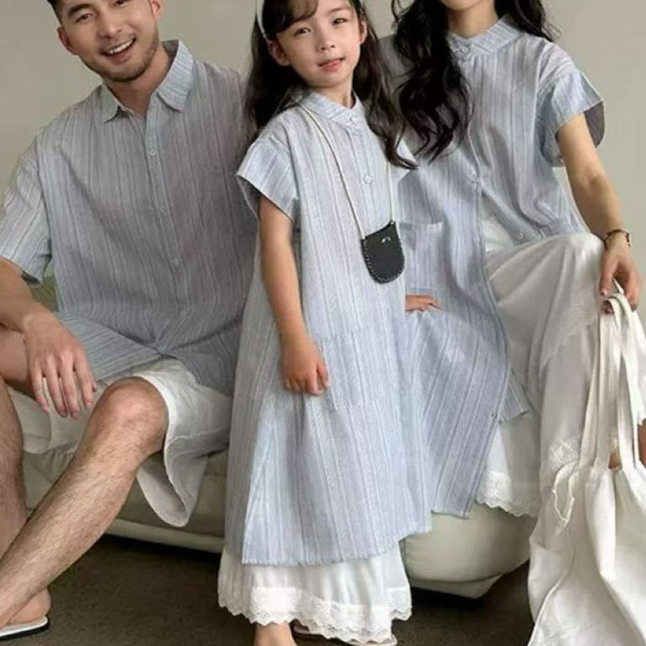 親子ペアルック 上品ストライプで揃える シャツ＆ワンピース