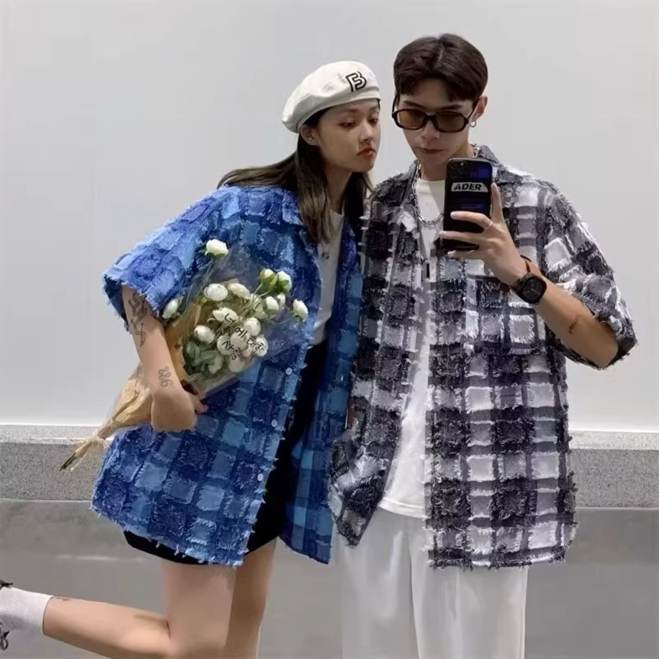 ペアルック 起毛チェック半袖シャツ ゆったりトレンドカップルウェア