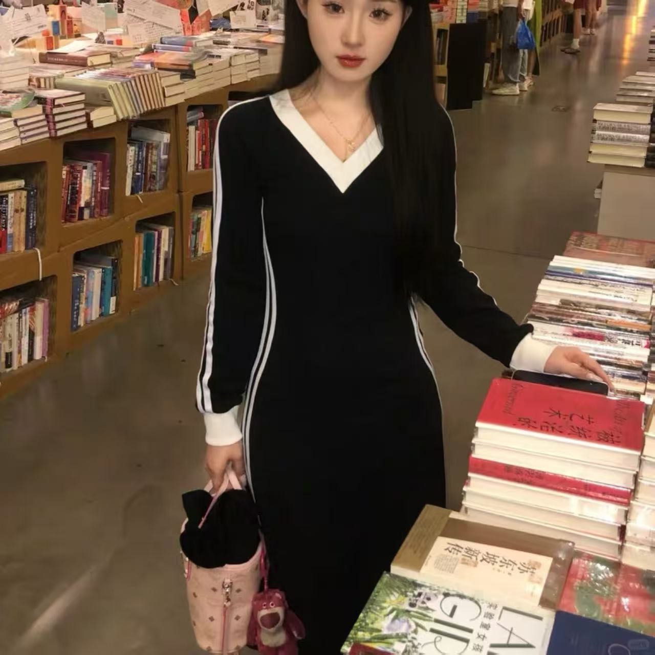  カップルペアルック ゆったりVネックスウェット 細見えロングワンピース