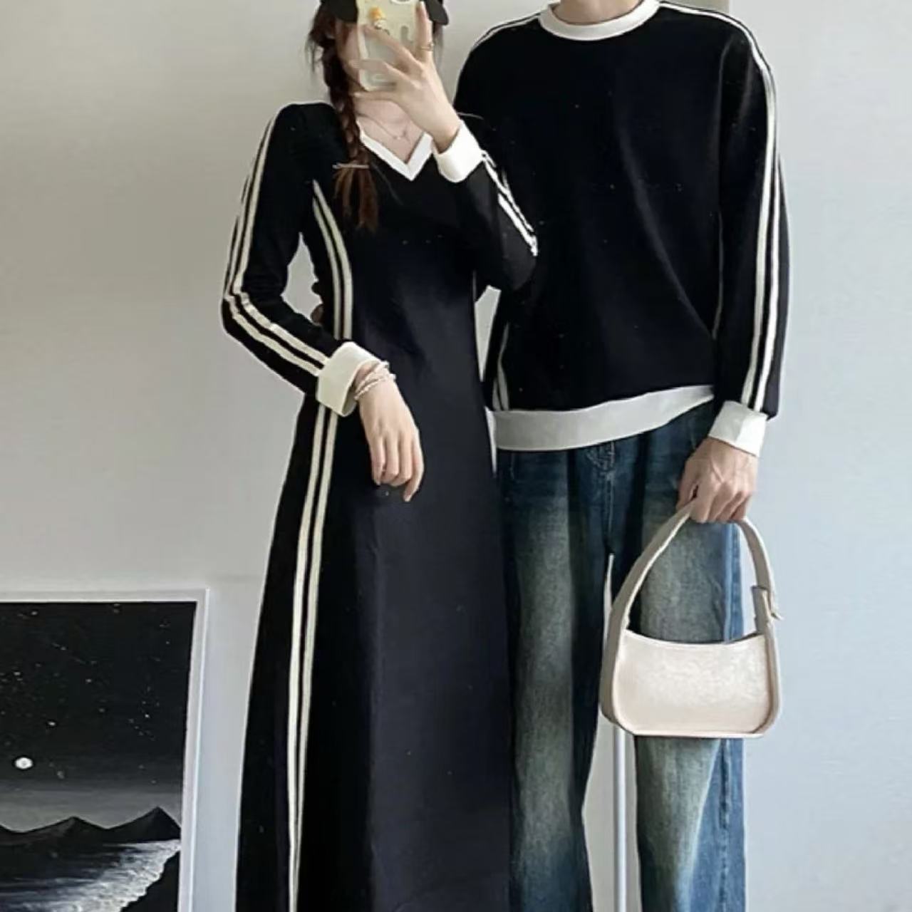  カップルペアルック ゆったりVネックスウェット 細見えロングワンピース