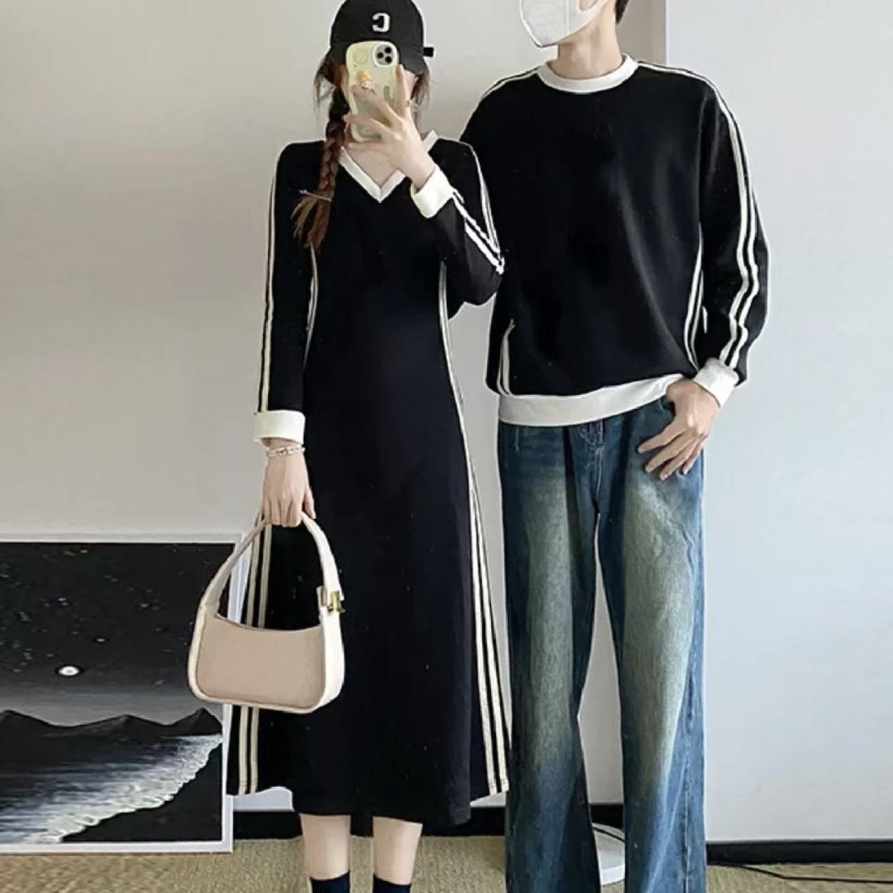  カップルペアルック ゆったりVネックスウェット 細見えロングワンピース