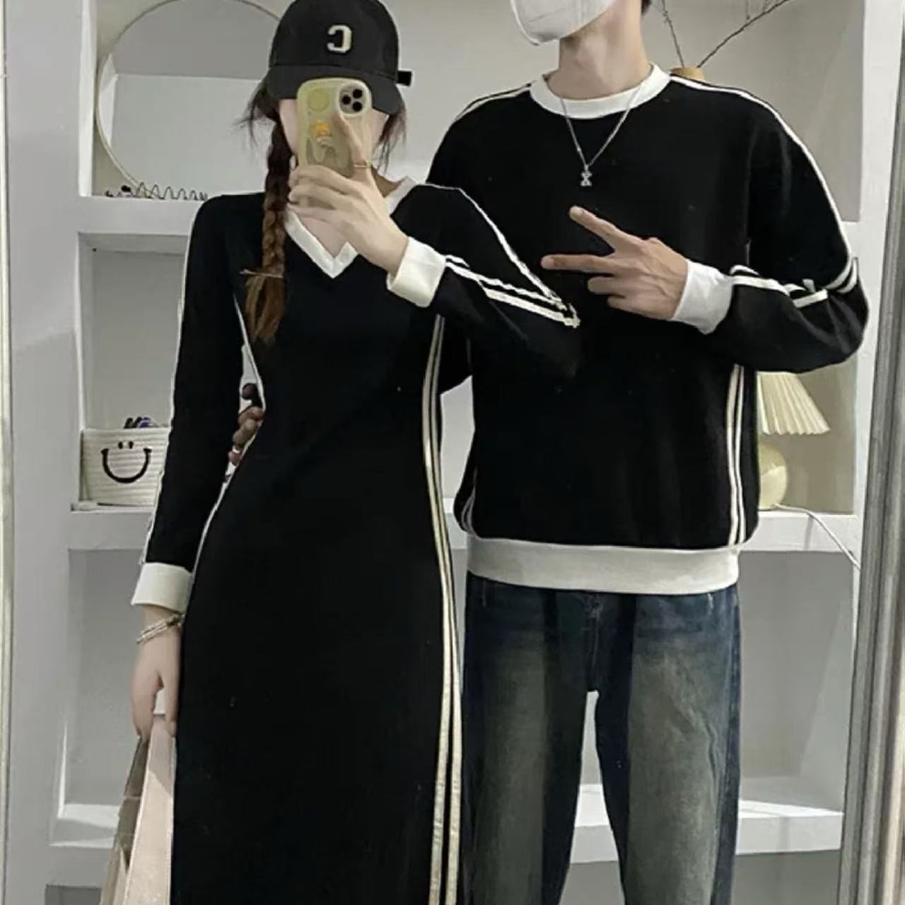  カップルペアルック ゆったりVネックスウェット 細見えロングワンピース