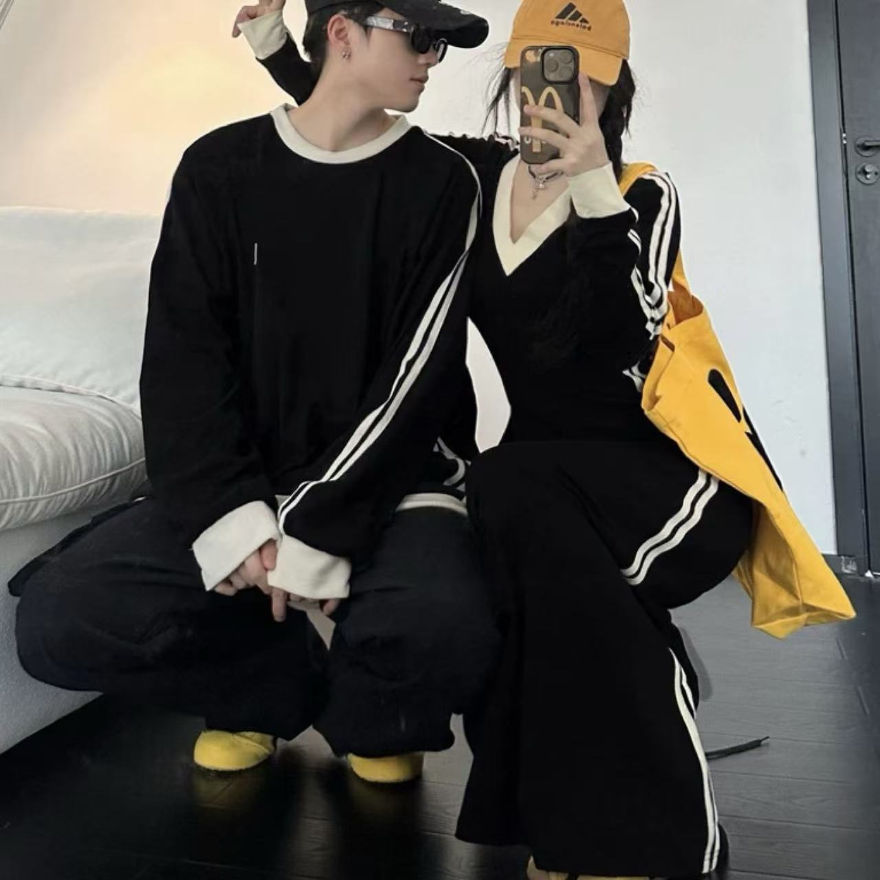  カップルペアルック ゆったりVネックスウェット 細見えロングワンピース