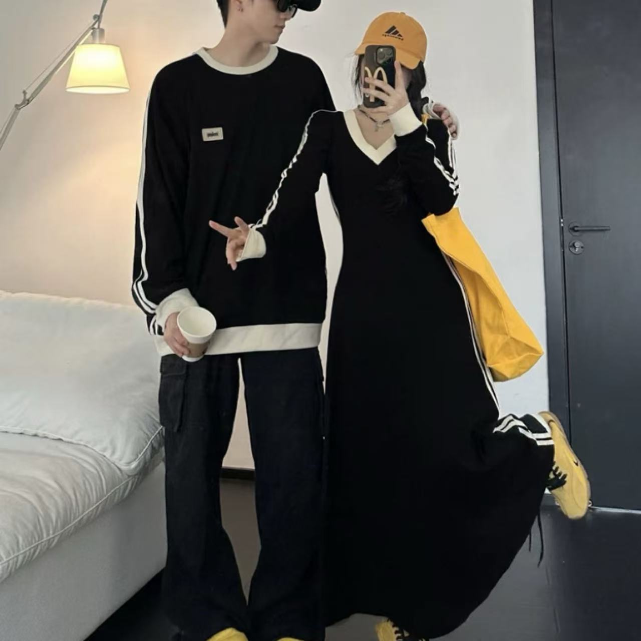  カップルペアルック ゆったりVネックスウェット 細見えロングワンピース