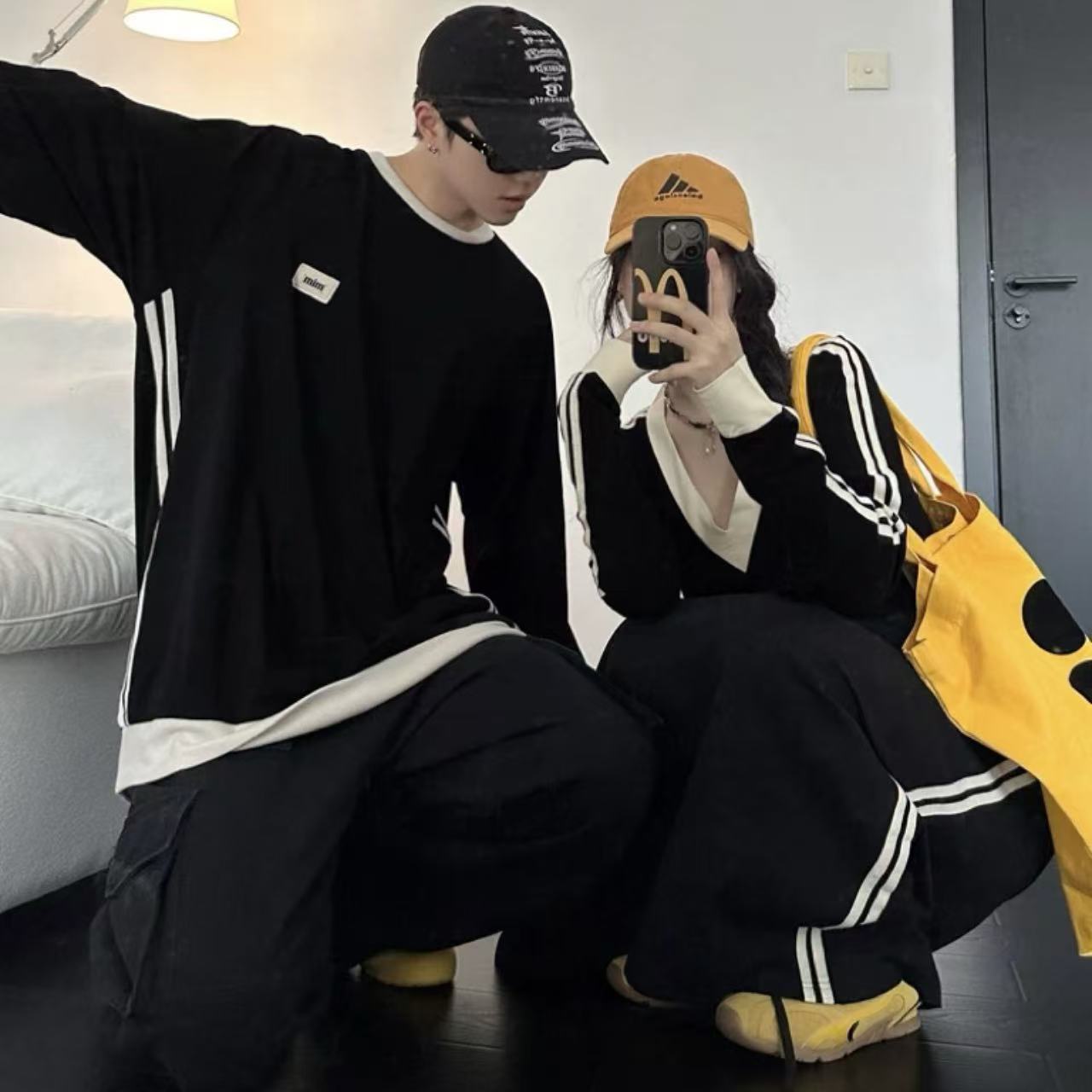  カップルペアルック ゆったりVネックスウェット 細見えロングワンピース