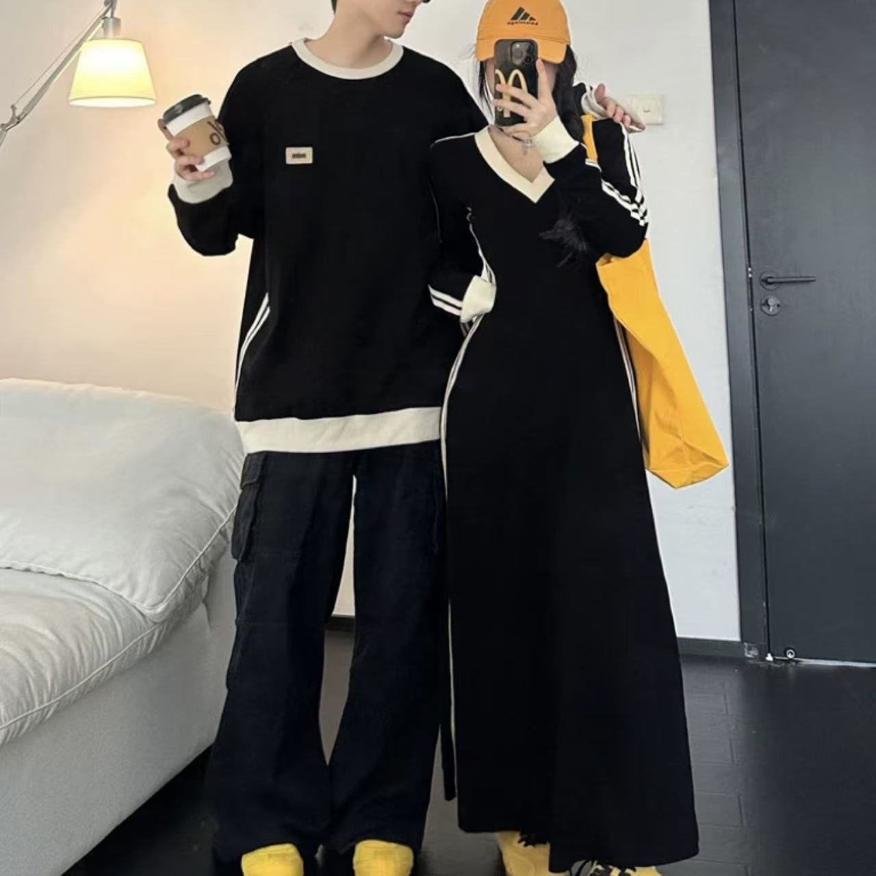  カップルペアルック ゆったりVネックスウェット 細見えロングワンピース