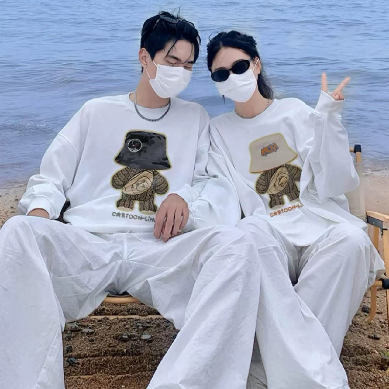 カップルペアルック 帽子ベアーデザイン 高級感トレーナー【2点セット】