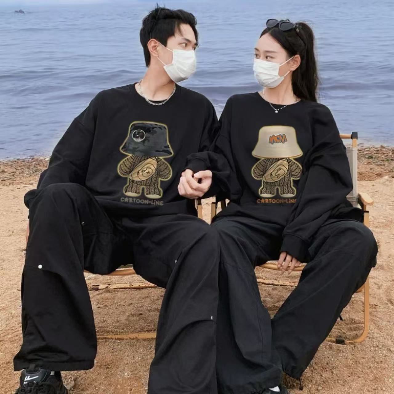 カップルペアルック 帽子ベアーデザイン 高級感トレーナー【2点セット】