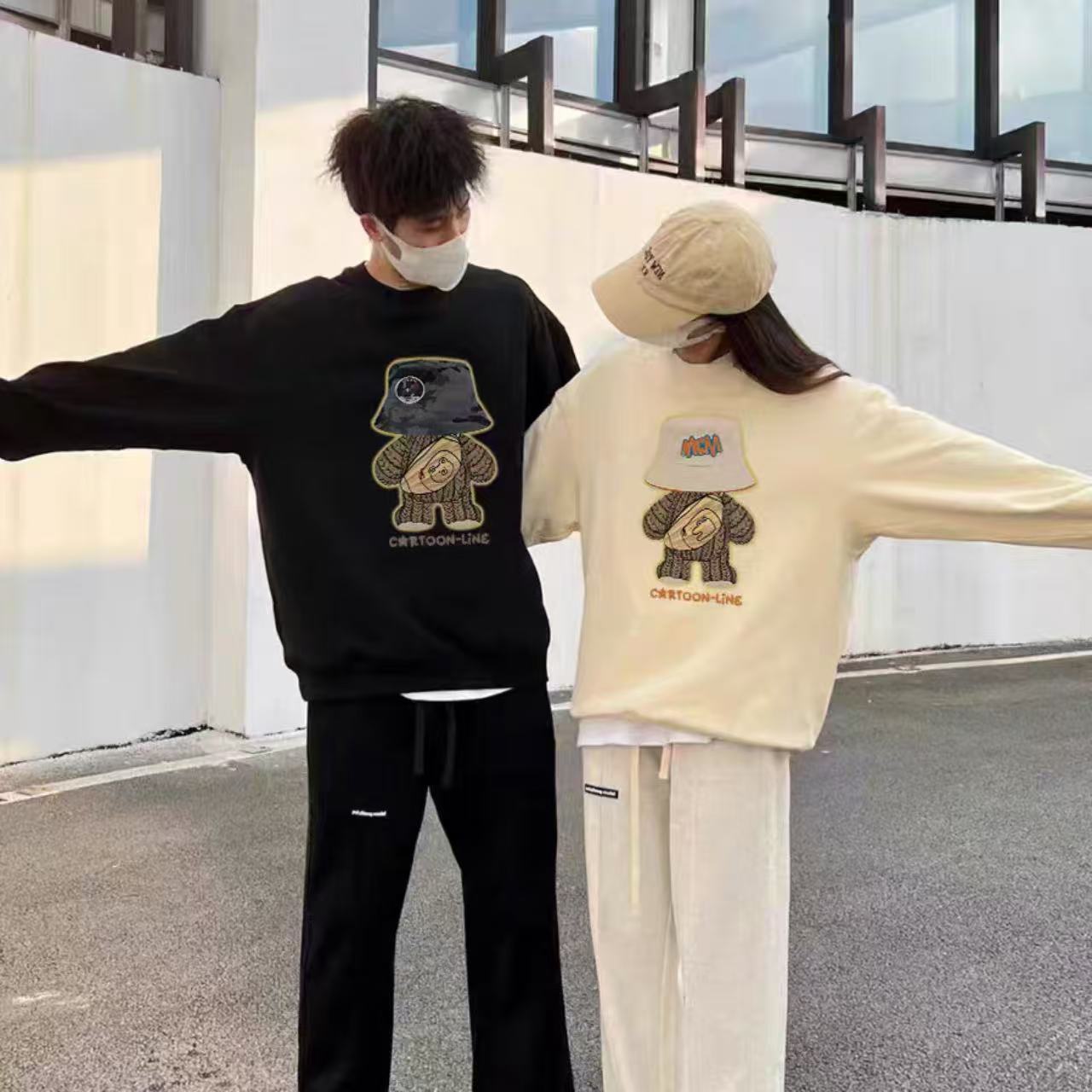カップルペアルック 帽子ベアーデザイン 高級感トレーナー【2点セット】