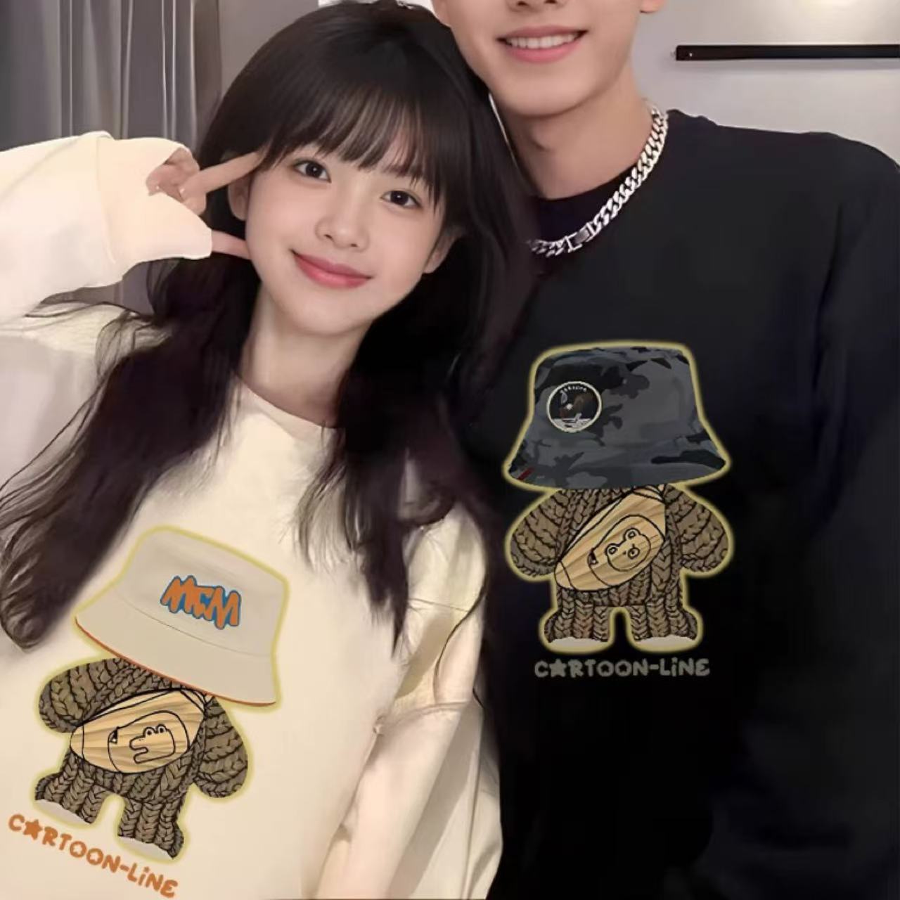 カップルペアルック 帽子ベアーデザイン 高級感トレーナー【2点セット】