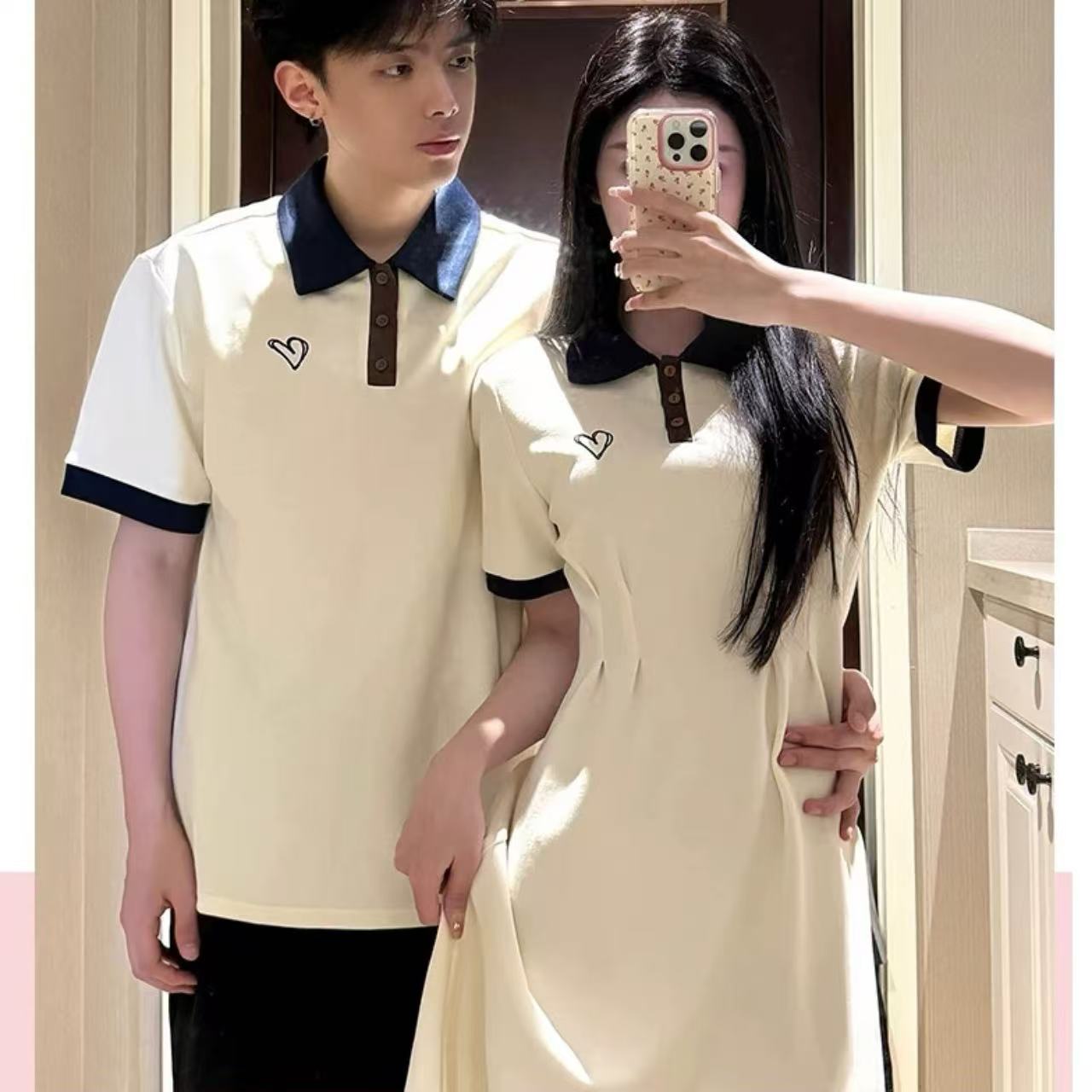 親子ペアルック ハートリンク 胸元ロゴが可愛いポロ&ワンピース
