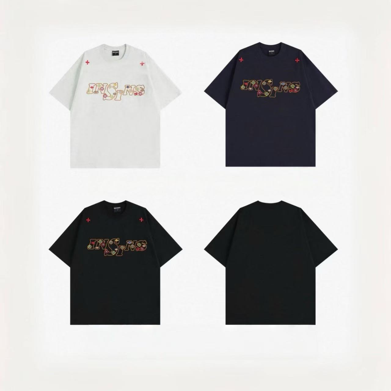 ペアルック 【INSstudios】 ヴィンテージ風 ロゴ刺繍 半袖Tシャツ 幾何学デザイン