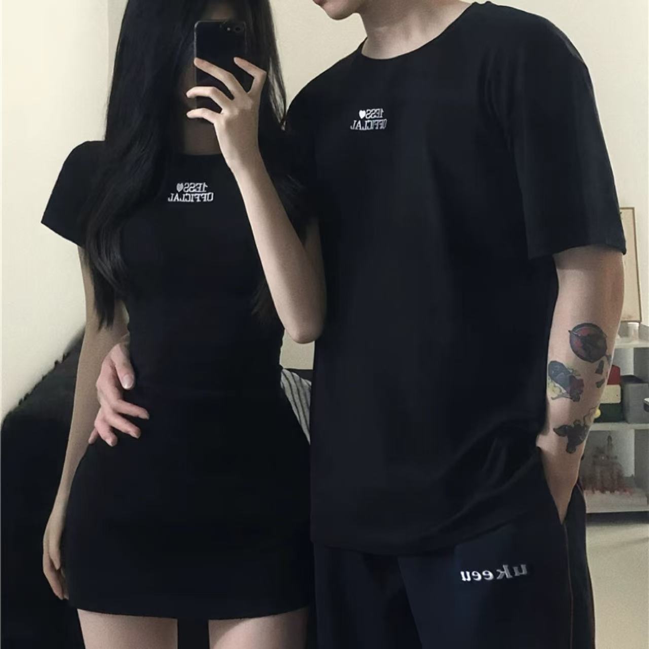 ペアルック ロゴ刺繍入り 韓国風Tシャツ フレンチミニワンピ－ス