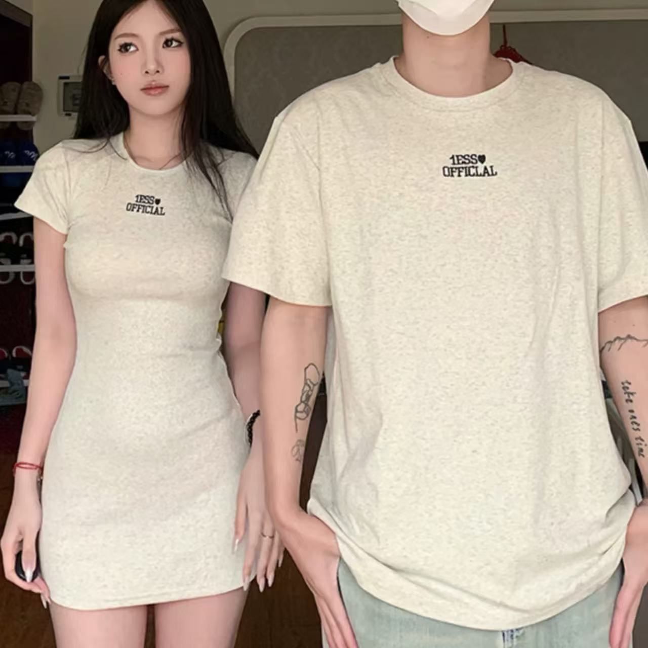 ペアルック ロゴ刺繍入り 韓国風Tシャツ フレンチミニワンピ－ス
