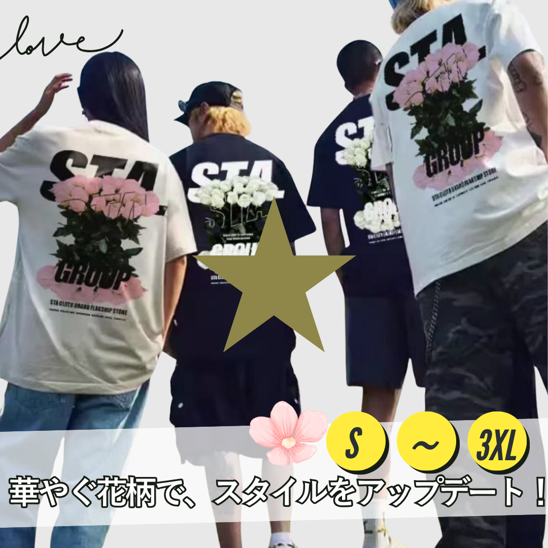 カップルペアルック 【STA】花柄プリント ヘビーウェイトコットンTシャツ