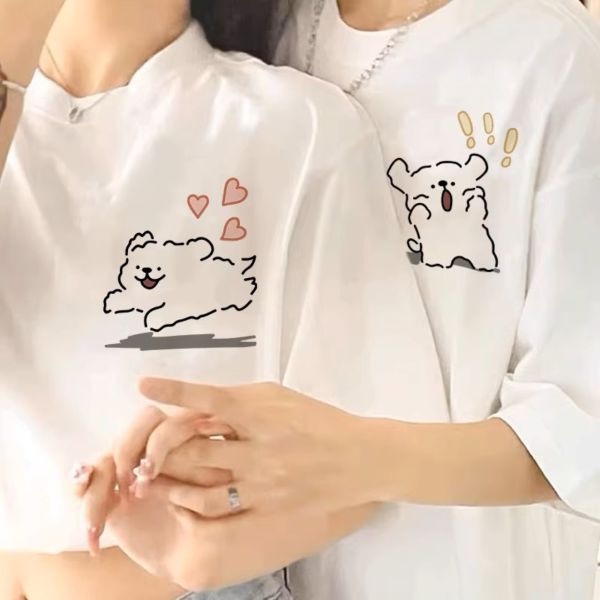 カップルペアルック 犬とハートのアートラインTシャツ