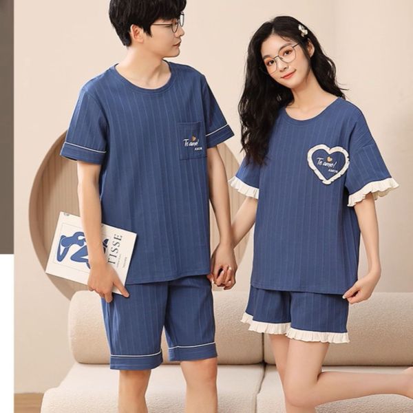 ペアルック シンプルコットンパジャマ（半袖×ショートパンツ、ゆったりサイズ）