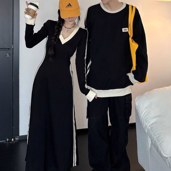  カップルペアルック ゆったりVネックスウェット 細見えロングワンピース